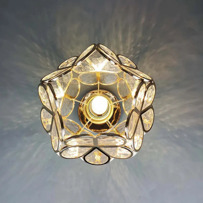 Vintage lampa sufitowa z kryształem – żyrandol z kloszem z kolorowego szkła