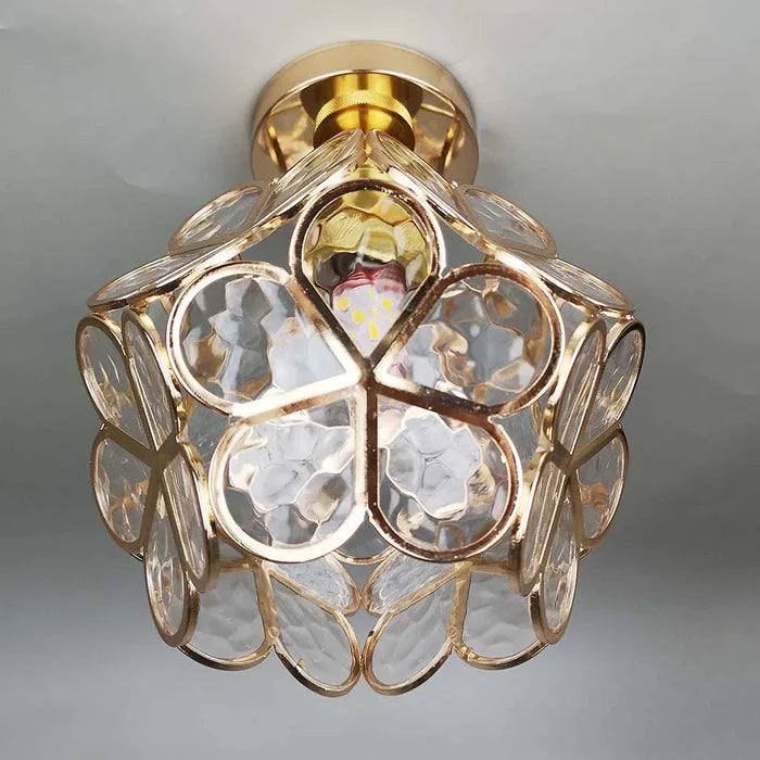 Vintage lampa sufitowa z kryształem – żyrandol z kloszem z kolorowego szkła