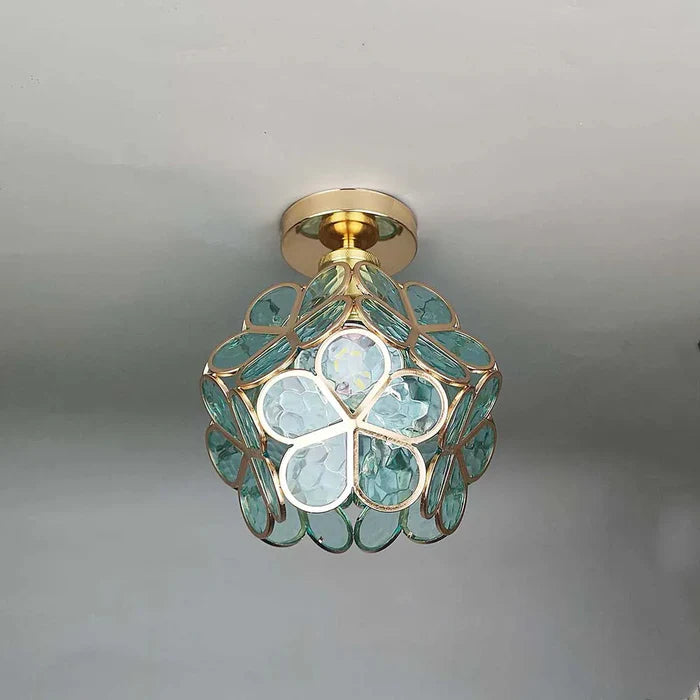 Vintage lampa sufitowa z kryształem – żyrandol z kloszem z kolorowego szkła