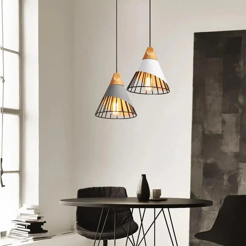 Nowoczesna lampa wisząca loft skandynawska z drewnem i metalem