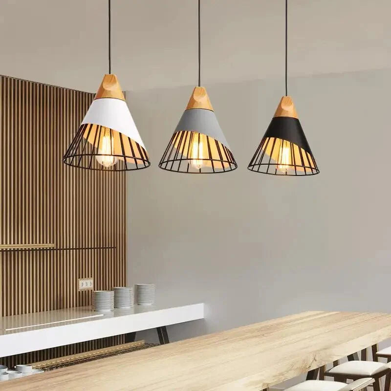 Nowoczesna lampa wisząca loft skandynawska z drewnem i metalem