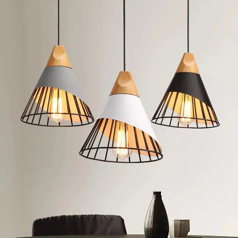 Nowoczesna lampa wisząca loft skandynawska z drewnem i metalem