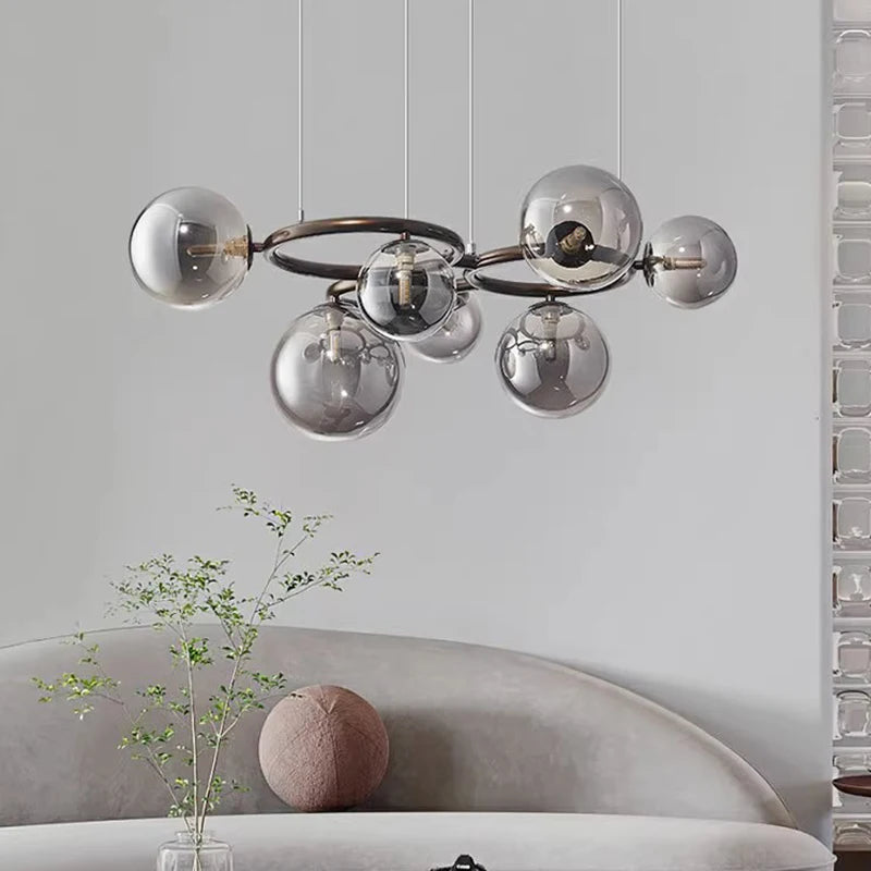 Nowoczesny żyrandol z kulami ze szkła – Designerska lampa wisząca z przydymionymi kloszami i okrągłą ramą