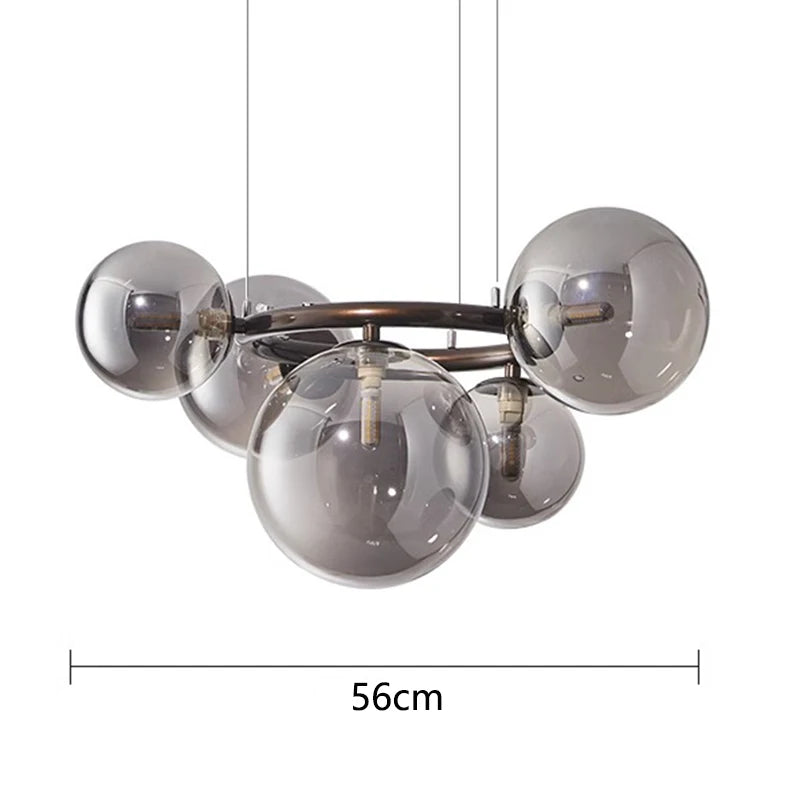 Nowoczesny żyrandol z kulami ze szkła – Designerska lampa wisząca z przydymionymi kloszami i okrągłą ramą