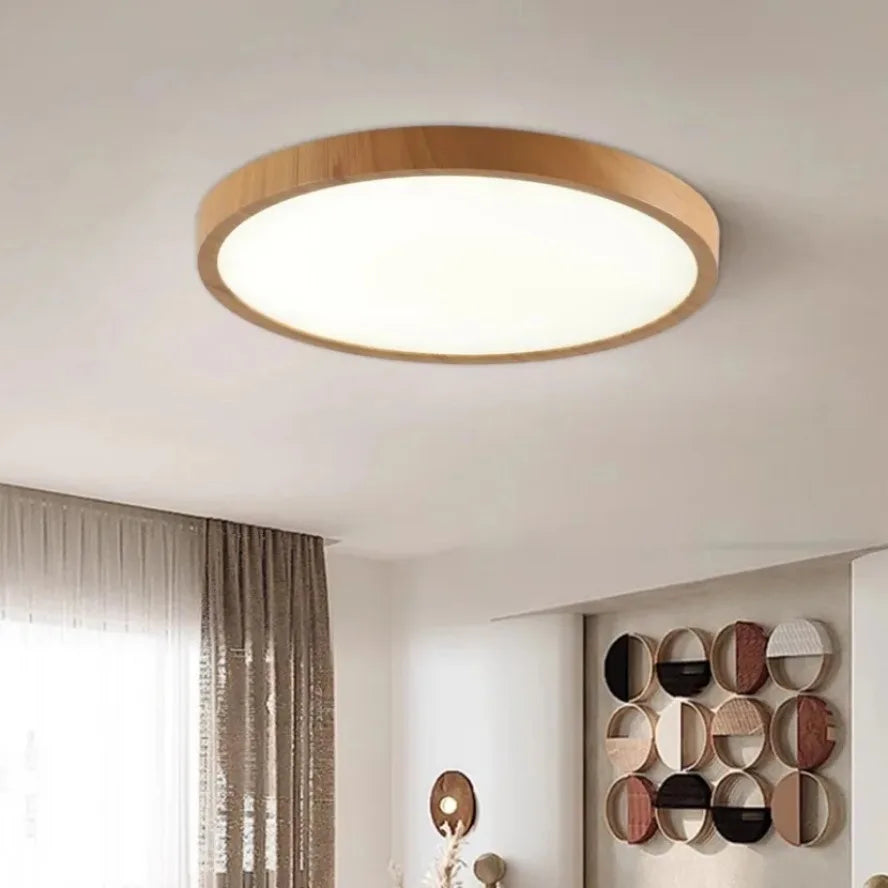 Nowoczesna okrągła lampa sufitowa LED z drewnianą ramą