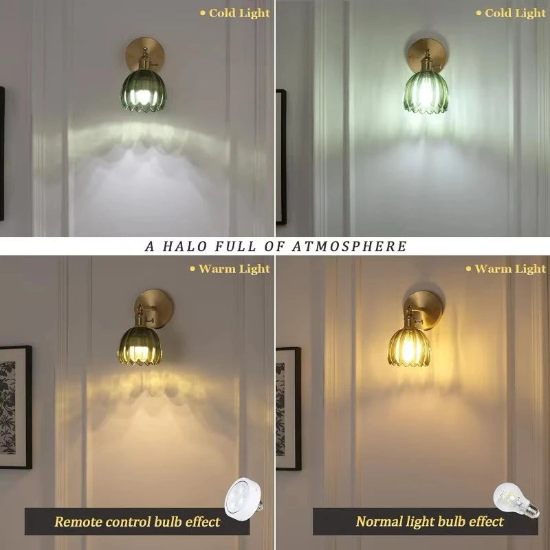 Lampa ścienna retro w kształcie kwiatu tulipana – kinkiet ze szklanym kloszem i złotym wykończeniem