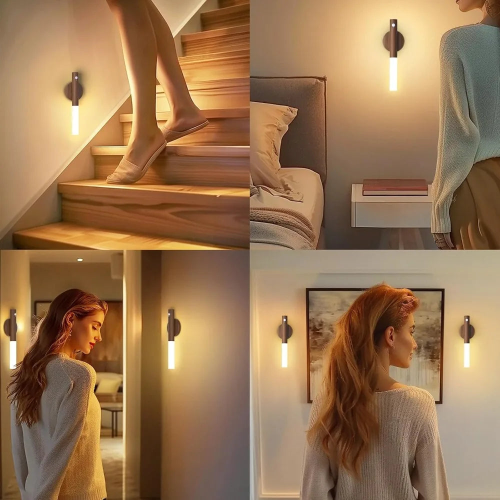 Nowoczesny kinkiet z drewna – Lampa ścienna LED na magnes, z czujnikiem ruchu