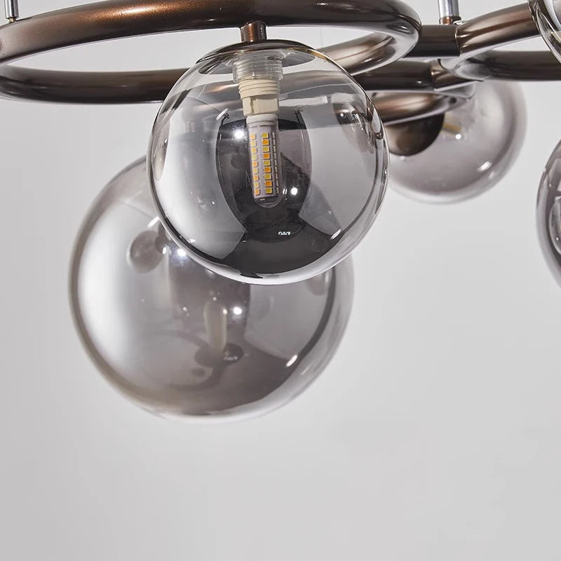 Nowoczesny żyrandol z kulami ze szkła – Designerska lampa wisząca z przydymionymi kloszami i okrągłą ramą