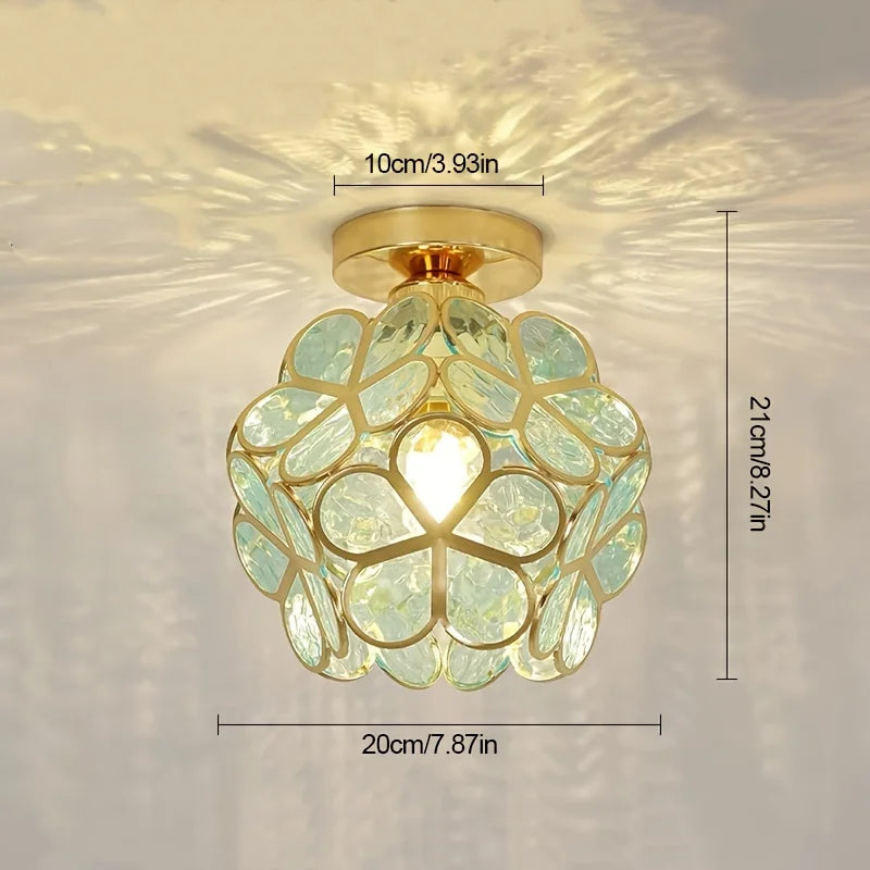 Vintage lampa sufitowa z kryształem – żyrandol z kloszem z kolorowego szkła