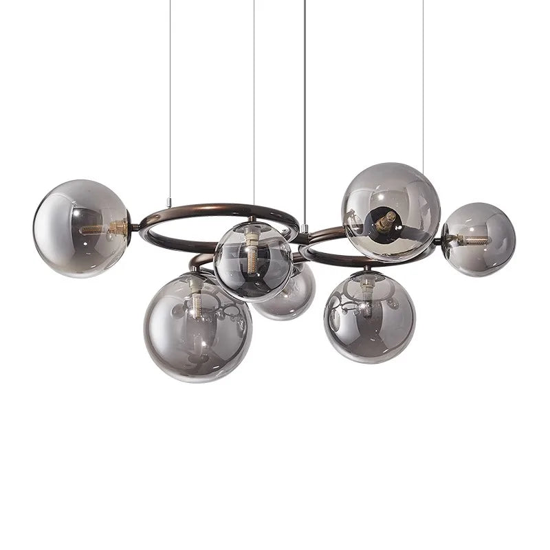 Nowoczesny żyrandol z kulami ze szkła – Designerska lampa wisząca z przydymionymi kloszami i okrągłą ramą