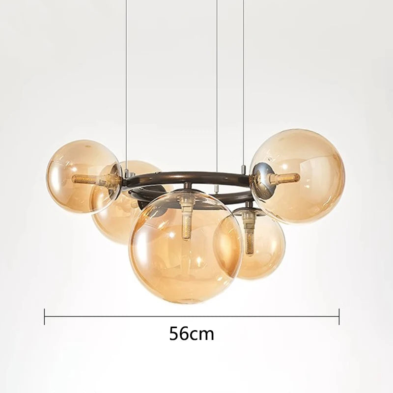 Nowoczesny żyrandol z kulami ze szkła – Designerska lampa wisząca z przydymionymi kloszami i okrągłą ramą