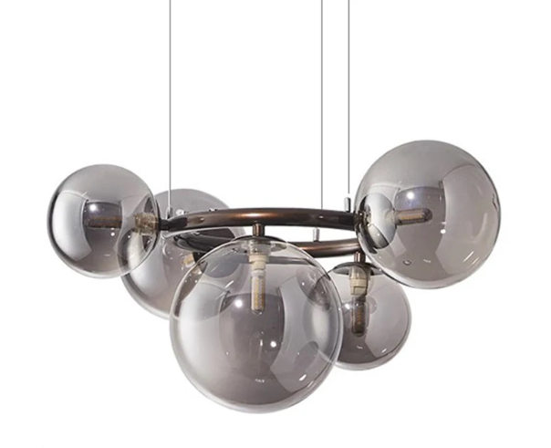 Nowoczesny żyrandol z kulami ze szkła – Designerska lampa wisząca z przydymionymi kloszami i okrągłą ramą