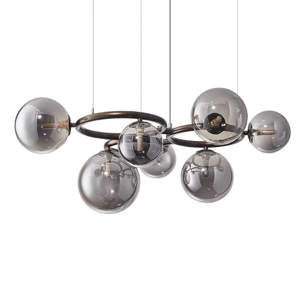 Nowoczesny żyrandol z kulami ze szkła – Designerska lampa wisząca z przydymionymi kloszami i okrągłą ramą