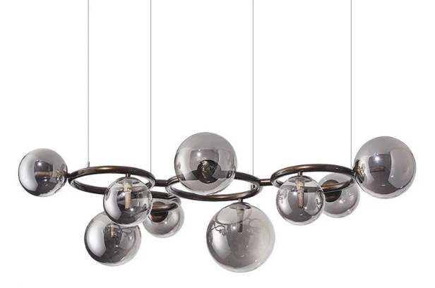 Nowoczesny żyrandol z kulami ze szkła – Designerska lampa wisząca z przydymionymi kloszami i okrągłą ramą