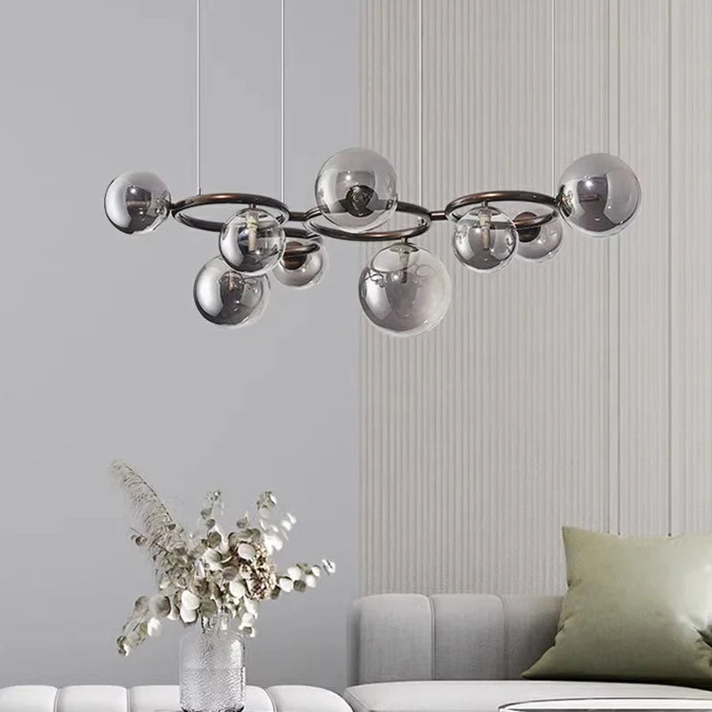 Nowoczesny żyrandol z kulami ze szkła – Designerska lampa wisząca z przydymionymi kloszami i okrągłą ramą
