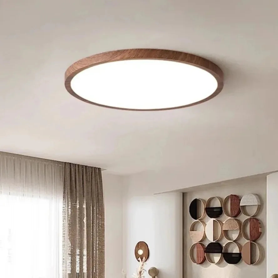 Nowoczesna okrągła lampa sufitowa LED z drewnianą ramą