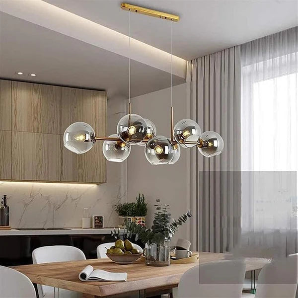 Nowoczesny żyrandol z kulami ze szkła – Designerska lampa wisząca z przydymionymi kloszami i okrągłą ramą