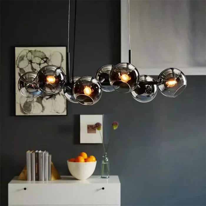 Nowoczesny żyrandol z kulami ze szkła – Designerska lampa wisząca z przydymionymi kloszami i okrągłą ramą