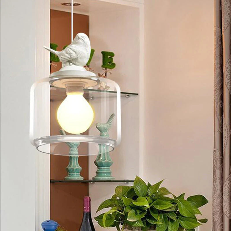 Lampa Wisząca z Szklanym Kloszem i Dekoracyjnym Ptaszkiem