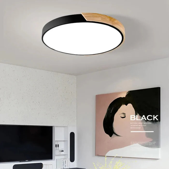 Nowoczesna lampa sufitowa LED z drewnianym akcentem