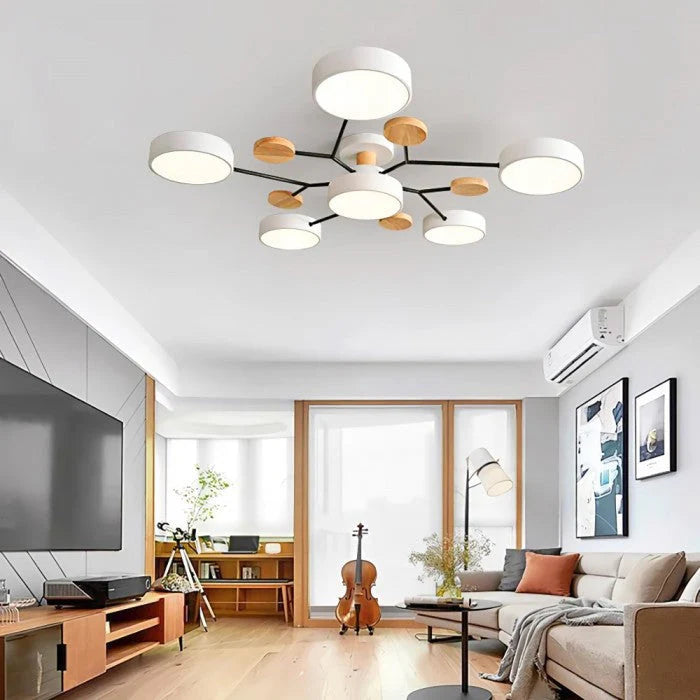 Nowoczesna lampa sufitowa LED wieloramienna – minimalistyczny design z drewnianymi akcentami