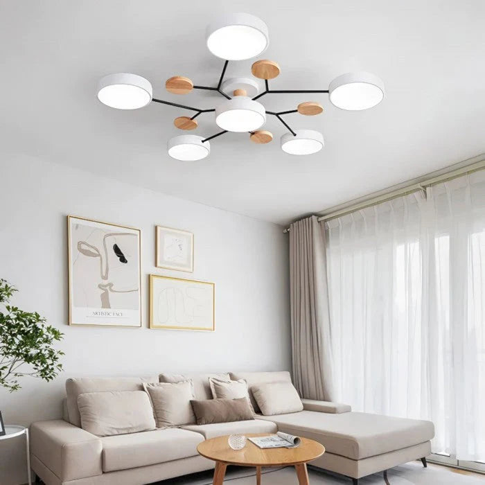 Nowoczesna lampa sufitowa LED wieloramienna – minimalistyczny design z drewnianymi akcentami