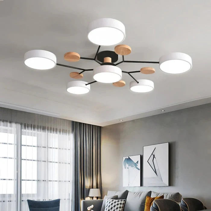 Nowoczesna lampa sufitowa LED wieloramienna – minimalistyczny design z drewnianymi akcentami
