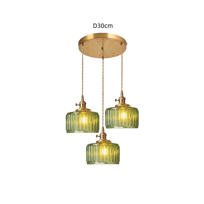 Szklana lampa wisząca w stylu vintage z ryflowanym kloszem i złotym wykończeniem