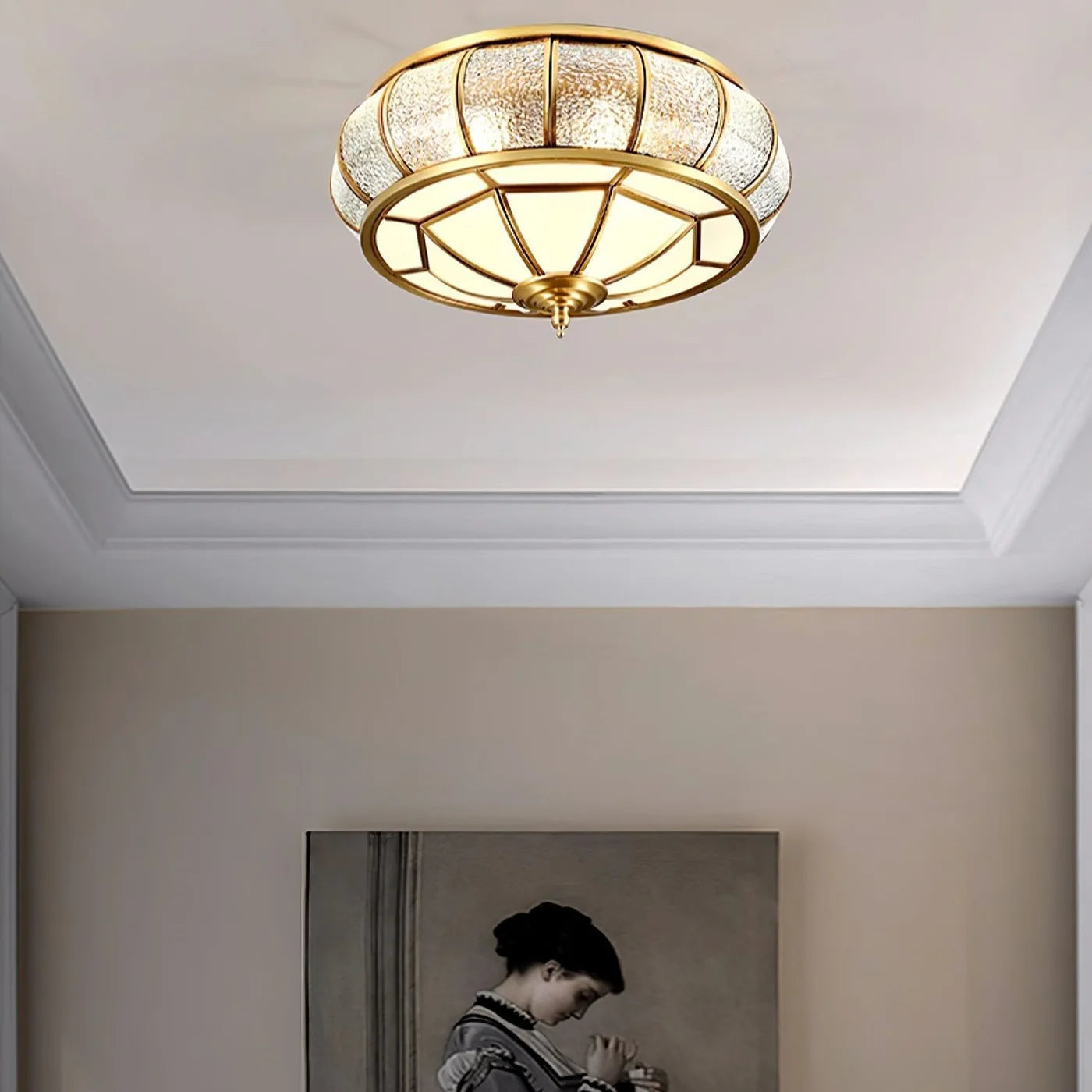Klasyczna Lampa Sufitowa w Stylu Retro ze Szkłem i Mosiądzem