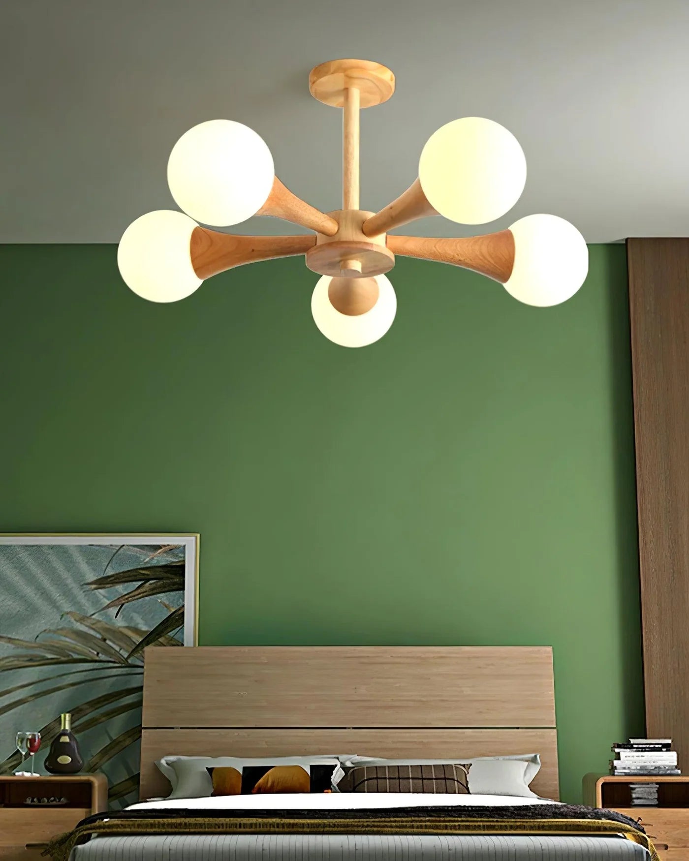 Nowoczesna lampa sufitowa żyrandol z drewnianymi ramionami i kulistymi kloszami