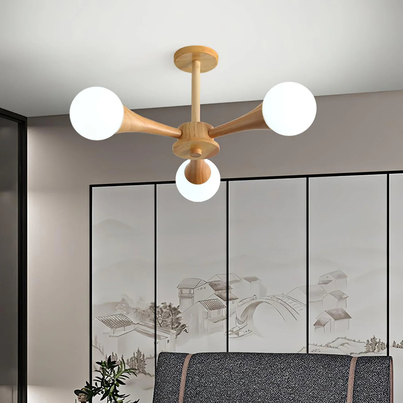 Nowoczesna lampa sufitowa żyrandol z drewnianymi ramionami i kulistymi kloszami