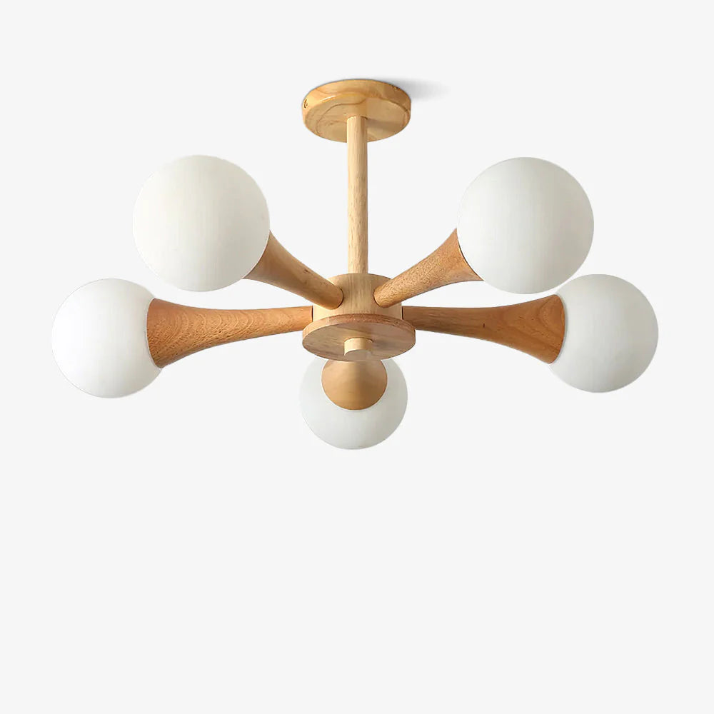 Nowoczesna lampa sufitowa żyrandol z drewnianymi ramionami i kulistymi kloszami