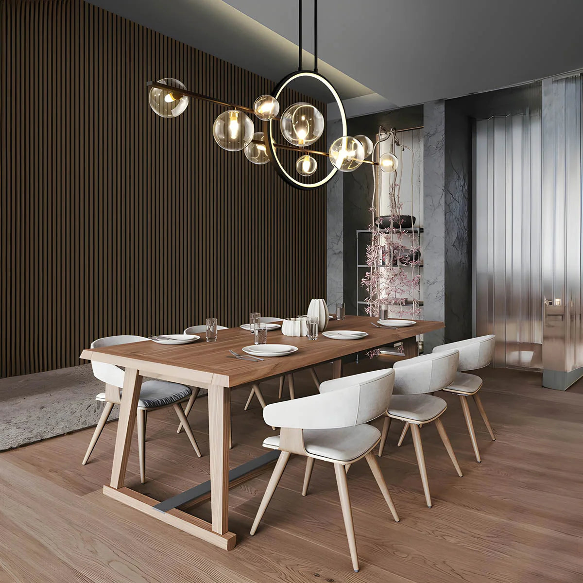 Nowoczesna lampa sufitowa z kulistymi kloszami i geometrycznym pierścieniem led