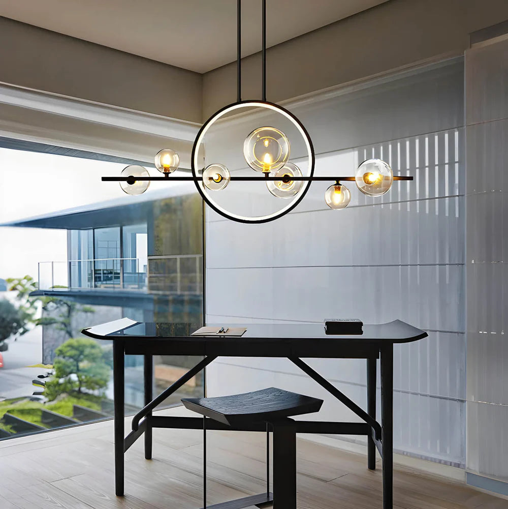 Nowoczesna lampa sufitowa z kulistymi kloszami i geometrycznym pierścieniem led