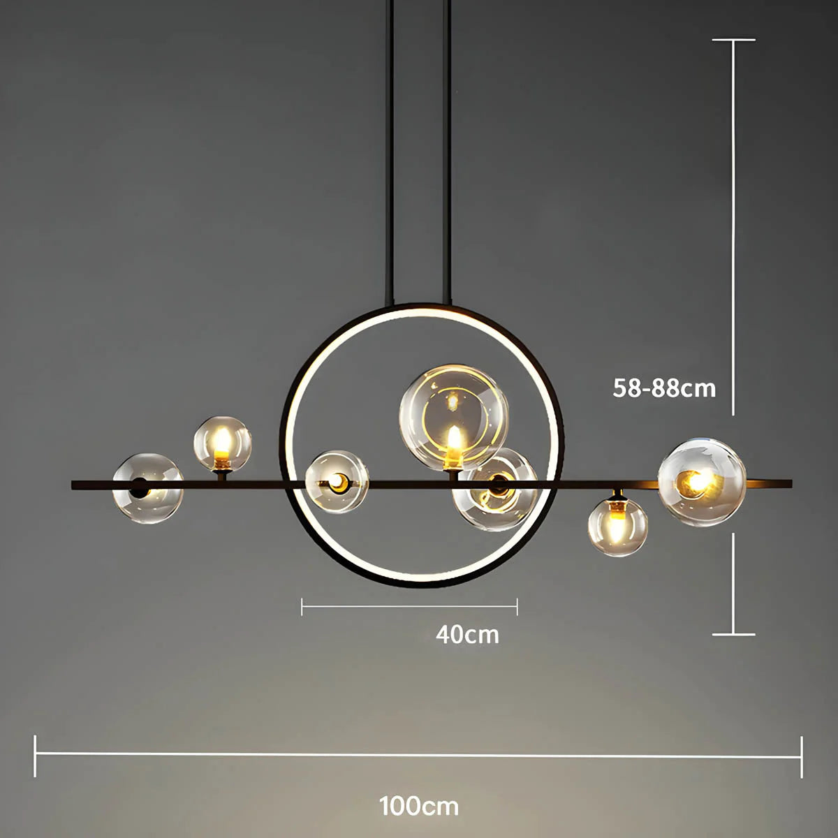 Nowoczesna lampa sufitowa z kulistymi kloszami i geometrycznym pierścieniem led