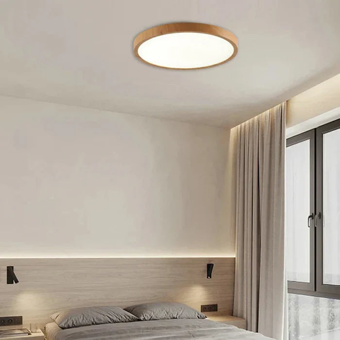 Nowoczesna okrągła lampa sufitowa LED z drewnianą ramą