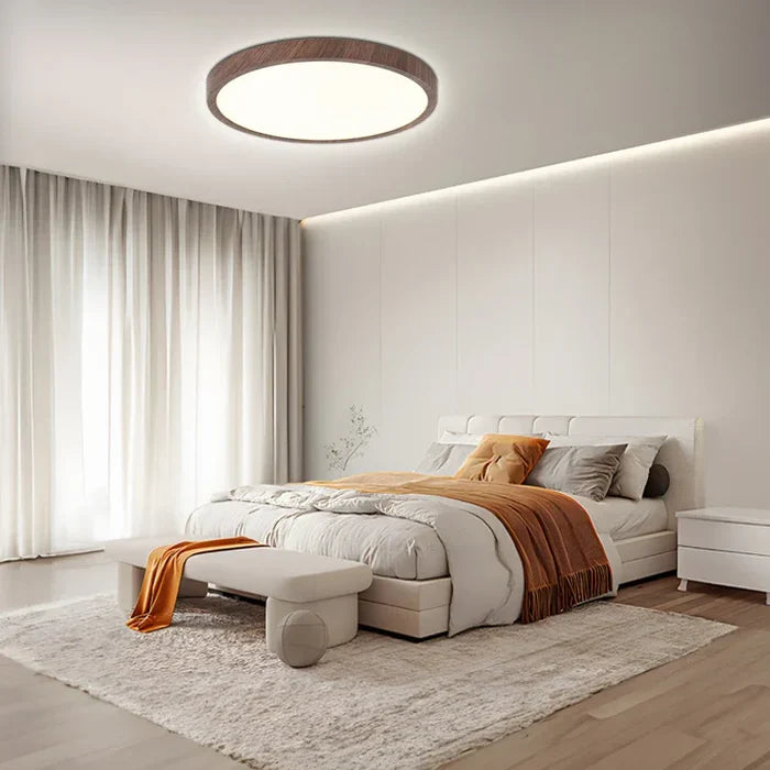 Nowoczesna okrągła lampa sufitowa LED z drewnianą ramą