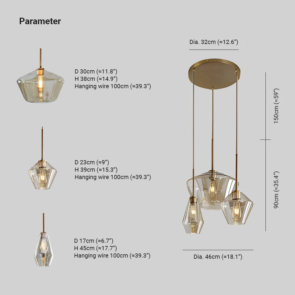 Lampa wisząca June, szklana, przezroczysta/bursztynowa, kształt diamentu 13