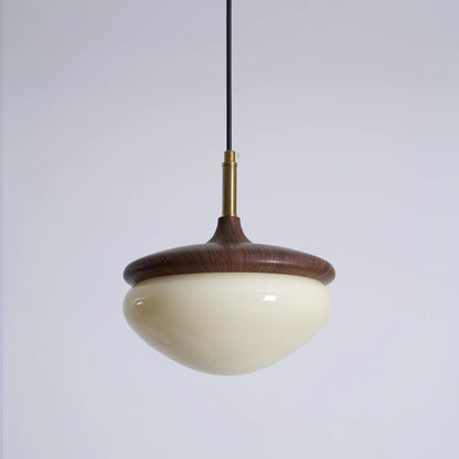Lampa wisząca w kształcie żołędzia z orzecha włoskiego i mosiądzu z kloszem z mlecznego szkła 1
