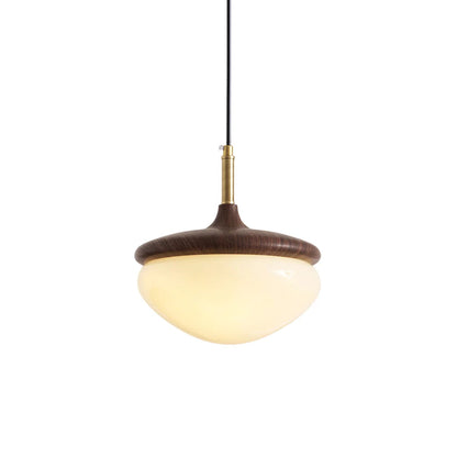 Lampa wisząca w kształcie żołędzia z orzecha włoskiego i mosiądzu z kloszem z mlecznego szkła 10