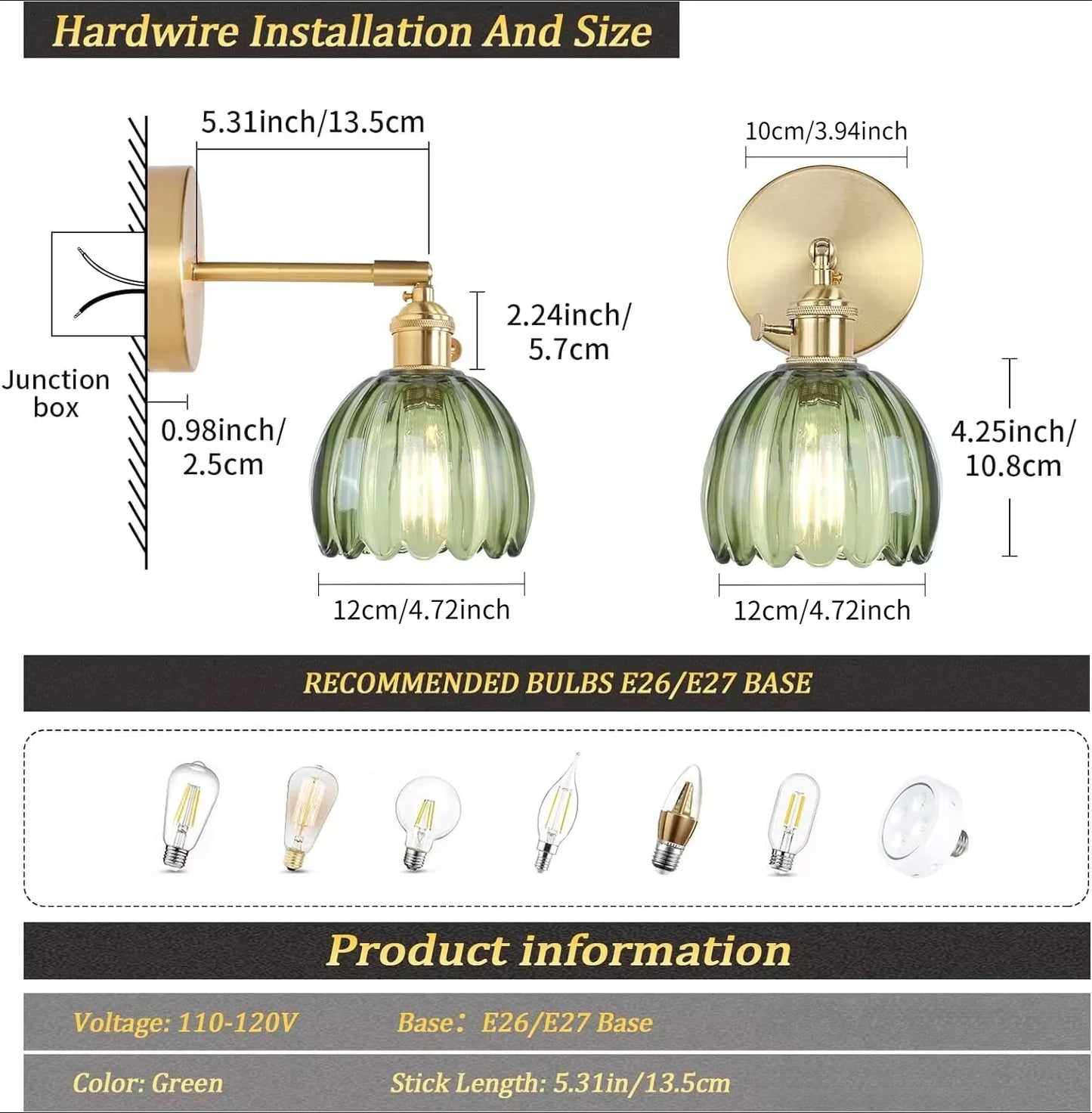 Lampa ścienna retro w kształcie kwiatu tulipana – kinkiet ze szklanym kloszem i złotym wykończeniem