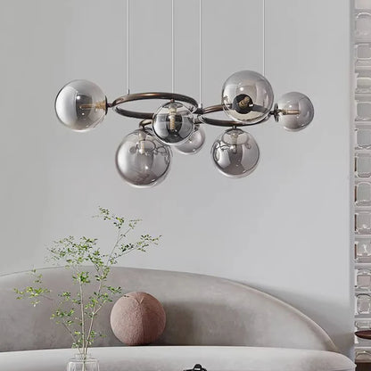 Nowoczesny żyrandol z kulami ze szkła – Designerska lampa wisząca z przydymionymi kloszami i okrągłą ramą