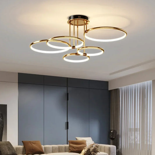 Nowoczesny żyrandol LED z pierścieniami – lampa sufitowa z geometryczną formą