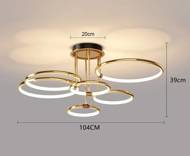 Nowoczesny żyrandol LED z pierścieniami – Złota lampa sufitowa z geometryczną formą