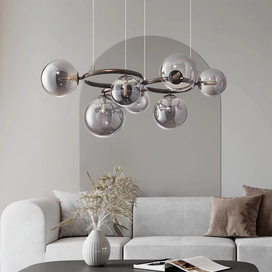 Nowoczesny żyrandol z kulami ze szkła – Designerska lampa wisząca z przydymionymi kloszami i okrągłą ramą