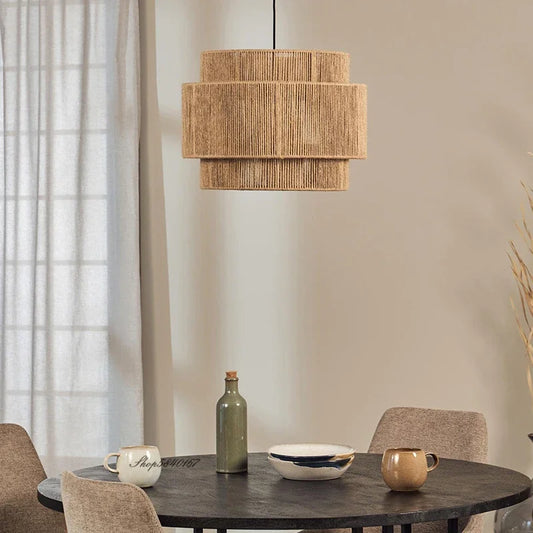 Nowoczesna sufitowa lampa boho wisząca z tkaniny z podwójnym kloszem