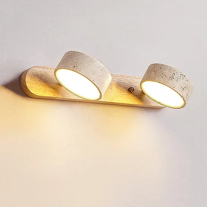 Nowoczesna lampa ścienna LED z obrotowymi kloszami z kamienia i drewnianą bazą