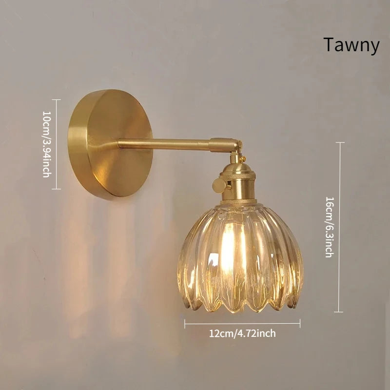 Lampa ścienna retro w kształcie kwiatu tulipana – kinkiet ze szklanym kloszem i złotym wykończeniem
