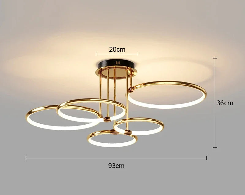 Nowoczesny żyrandol LED z pierścieniami – Złota lampa sufitowa z geometryczną formą