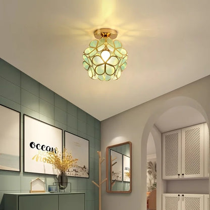 Vintage lampa sufitowa z kryształem – żyrandol z kloszem z kolorowego szkła